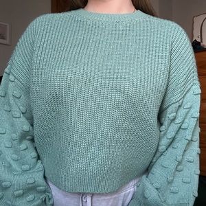 Teal Green Sweater With Textured Balloon Sleeves
